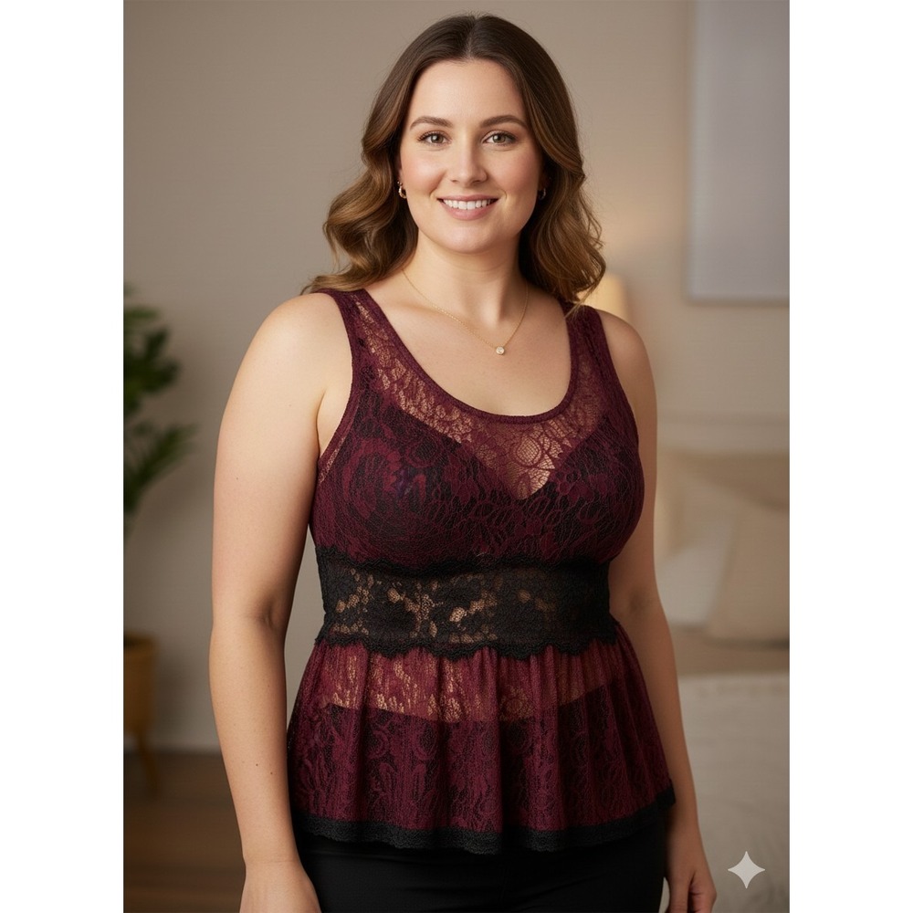 Vintage Y2K Peplum Tank Top Women Large Burgundy Black Floral Lace Coquette‎